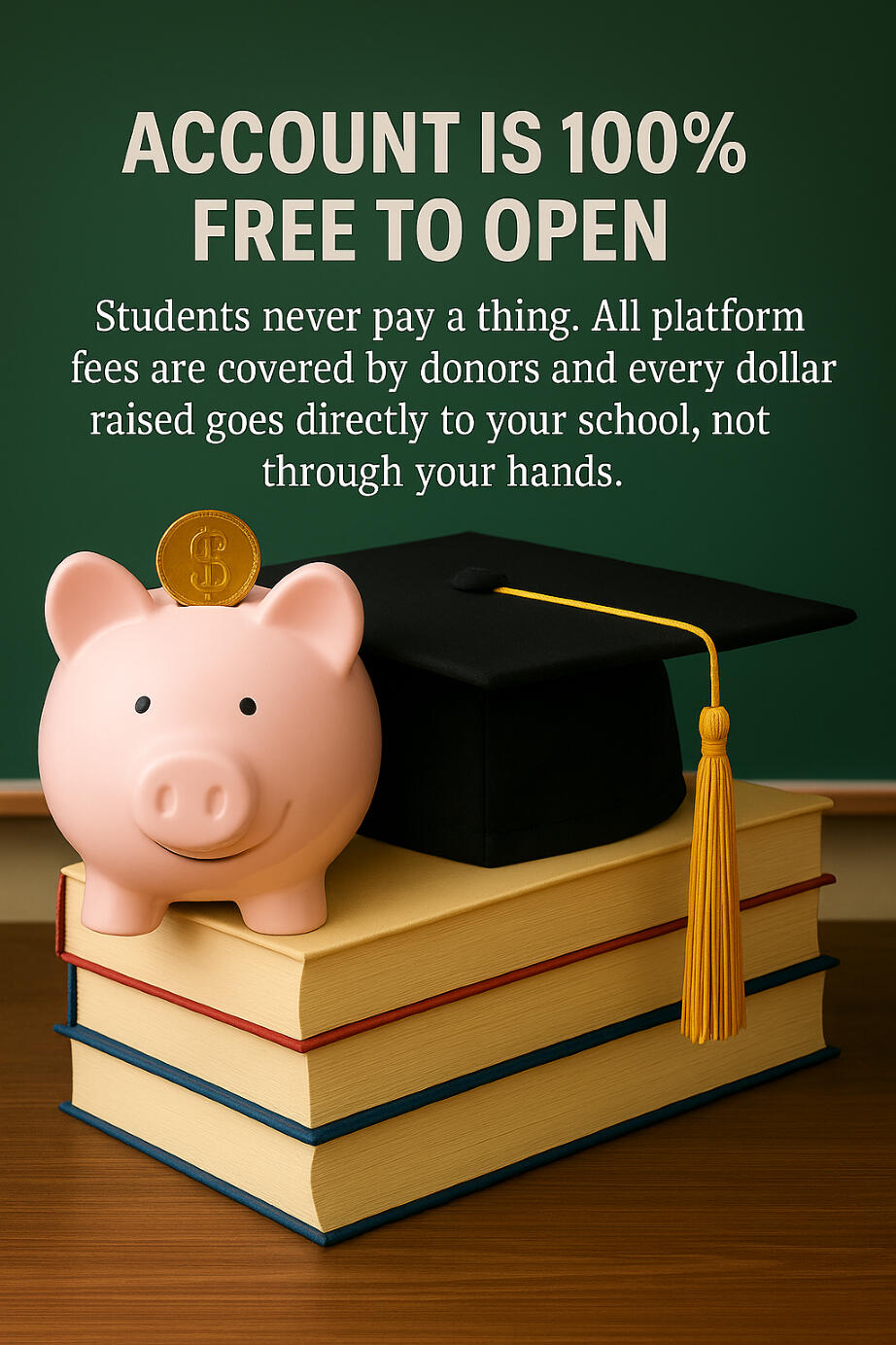 Piggy bank next to graduation cap Account is 100% free to open. Students never pay a thing. All platform fees are covered by donors and every dollar raised goes directly to the school.